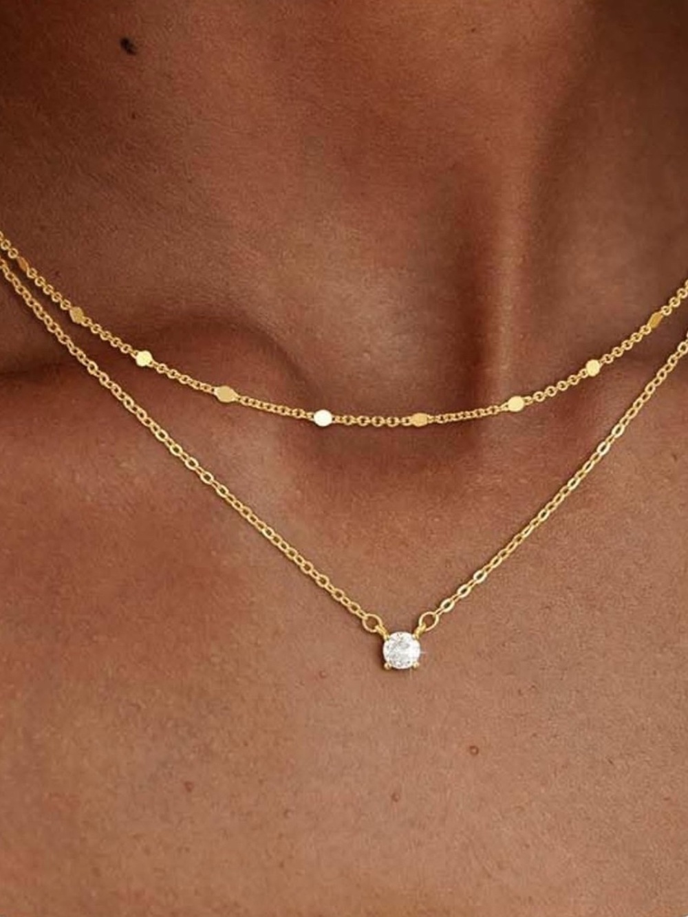 14K Gold Plated Layered Necklaces with Cubic Zirconia Pendant